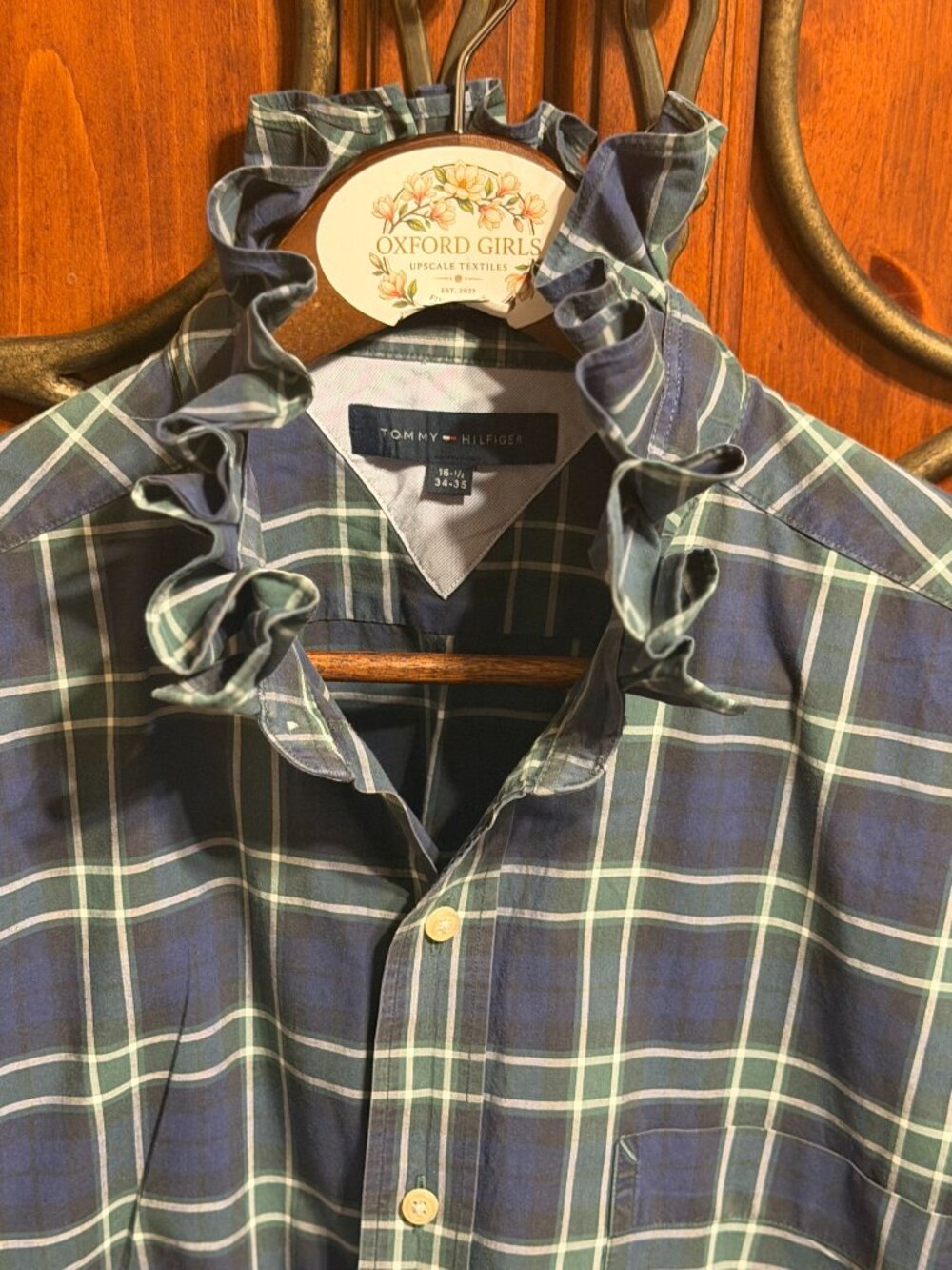 Upcycled Tommy Hilfiger Blue/Green Plaid Ruffle Collar Blouse | Women’s Size XL